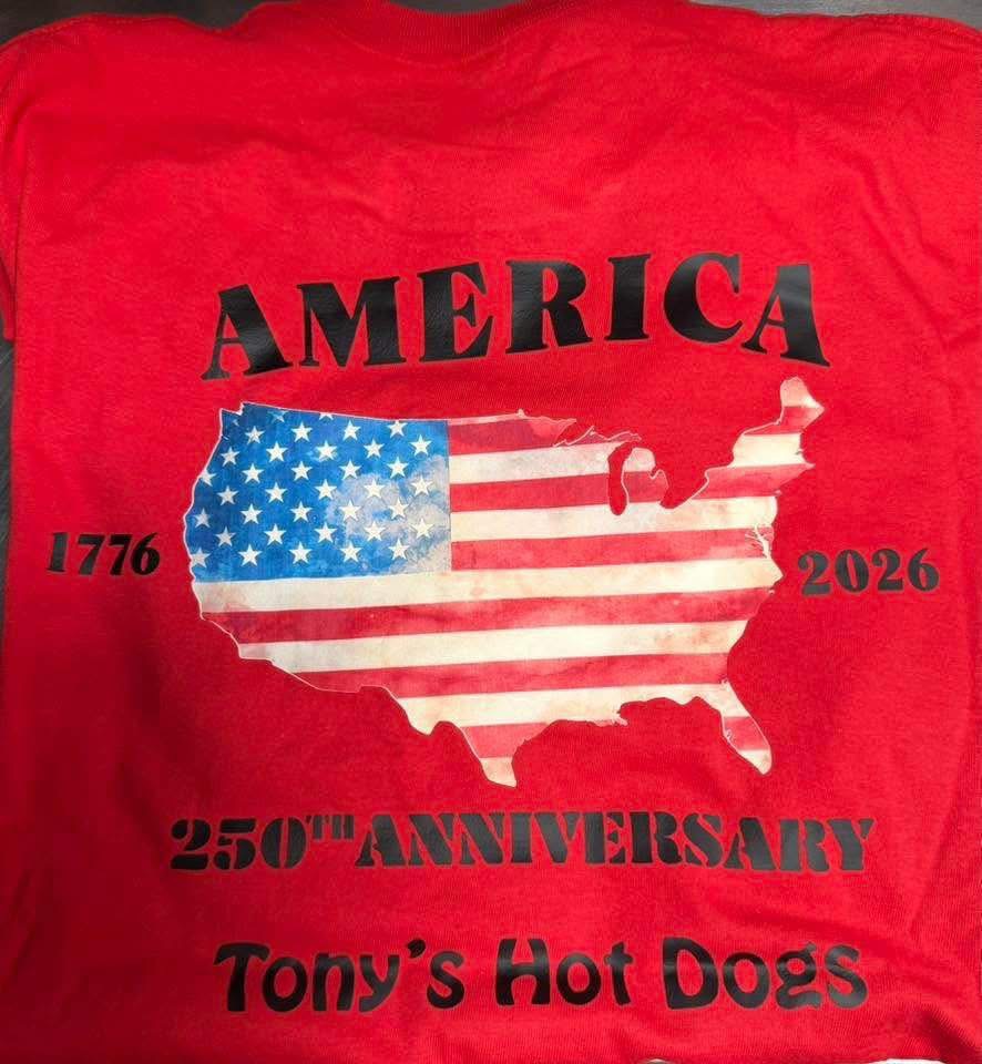 Back of red Tony's Hot Dogs t-shirt with 'AMERICA' across the top, USA map filled with American flag, 1776 on the left and 2026 on the right, '250th Anniversary' below the map and 'Tony's Hot Dogs' at the bottom